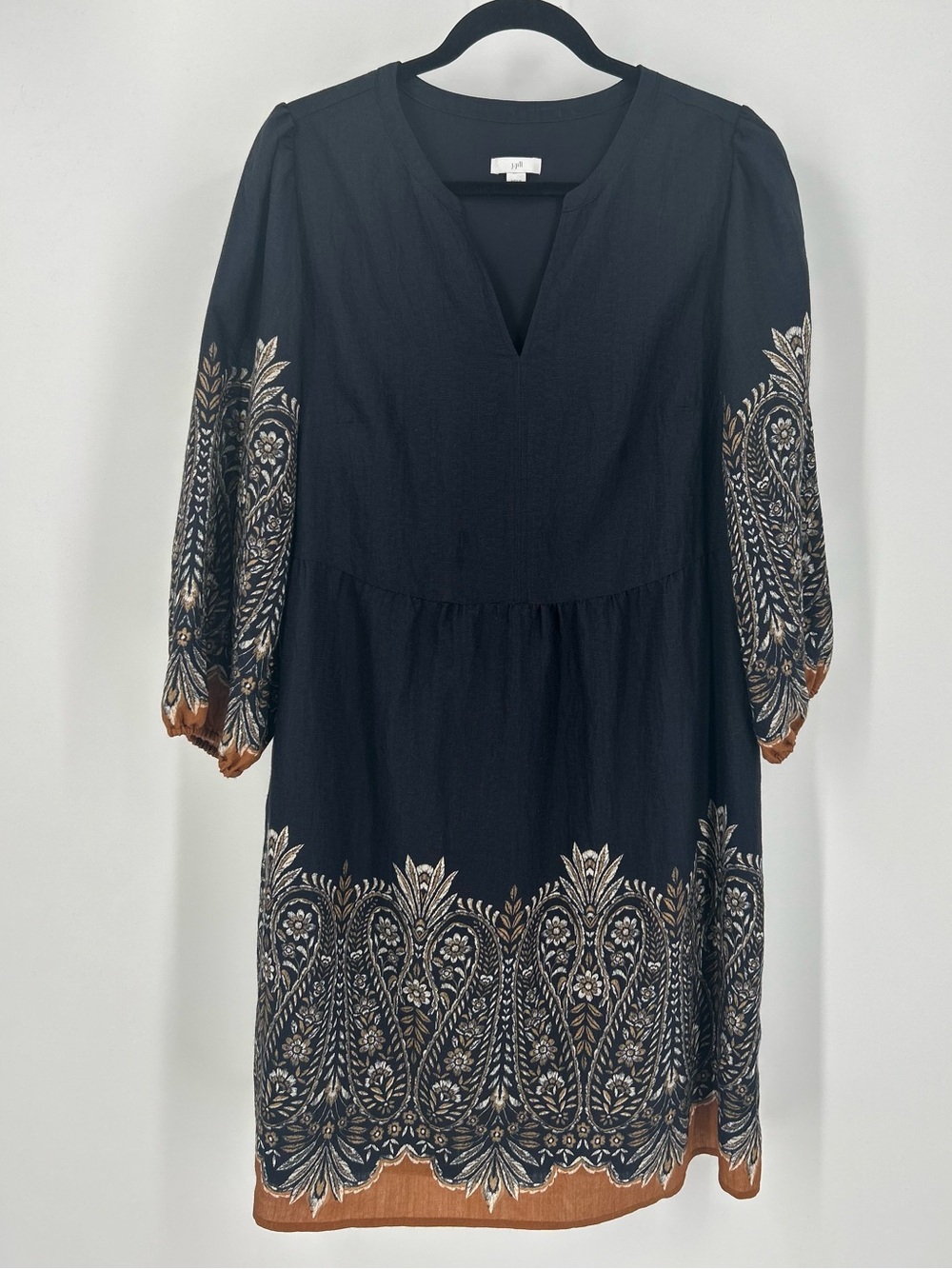J.Jill Boho Paisley Border Accent V-Neck Dress Medium Black